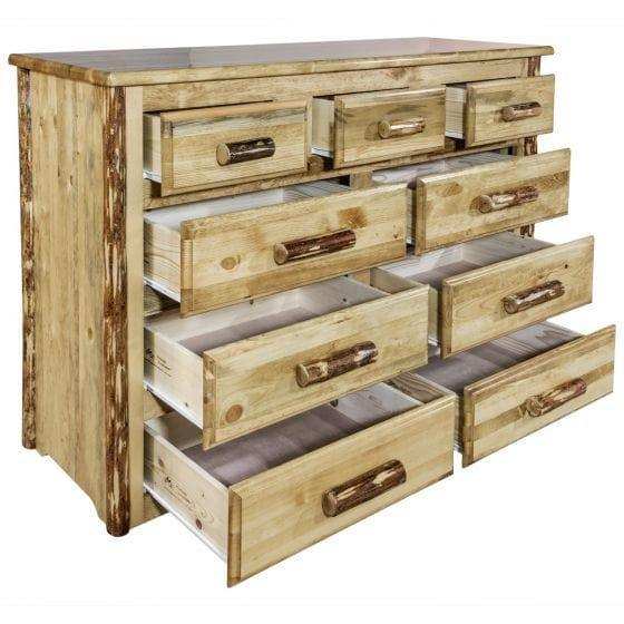 Rustic nine-drawer wood dresser with natural log handles, all drawers open