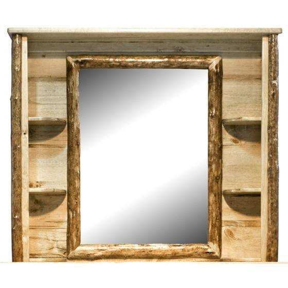 Rustic wood deluxe dresser mirror with shelves, Glacier Country Collection, bedroom furniture