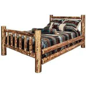Rustic log Eastern king bed with patterned bedding, Glacier Country Collection, bedroom furniture