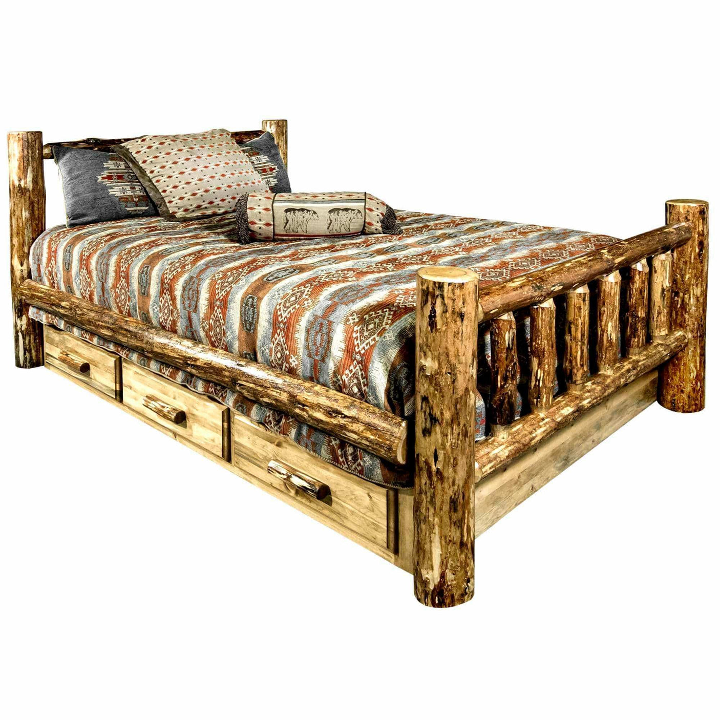 Rustic log bed with built-in storage drawers and patterned bedding, Glacier Country style