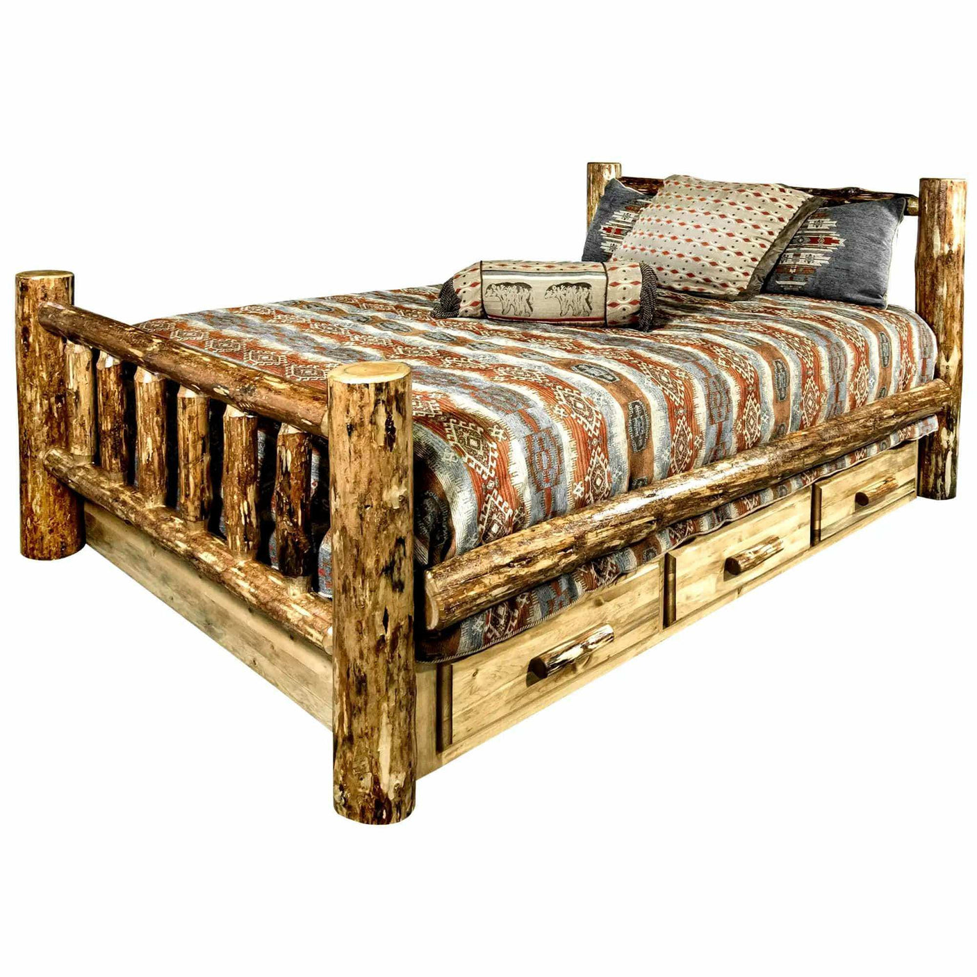 Rustic log bed frame with underbed storage drawers and Southwestern bedding