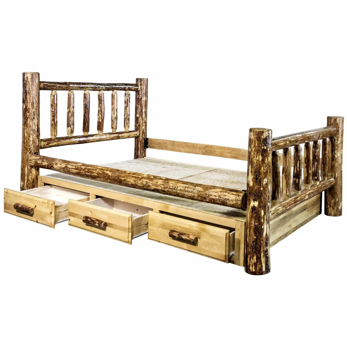 Rustic log bed frame with three wood storage drawers, Glacier Country Collection bedroom furniture.