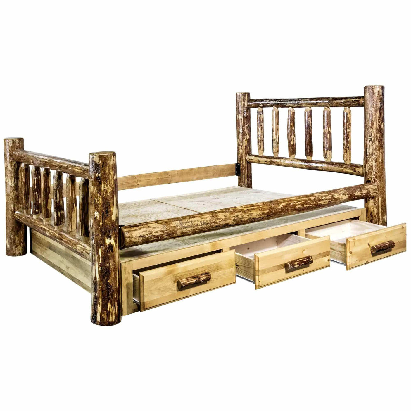 Rustic log bed frame with storage drawers, Glacier Country Collection full bed