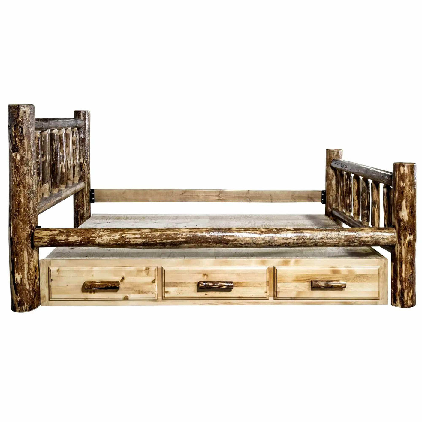 Rustic log bed frame with wood storage drawers, Glacier Country Collection bedroom furniture