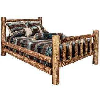 Rustic log bed frame with striped bedding, Glacier Country Collection, Bedroom Depot USA