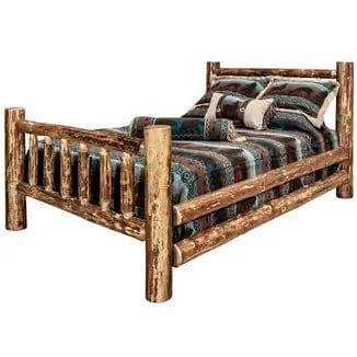 Rustic log bed with patterned bedding, Glacier Country Collection, solid wood frame