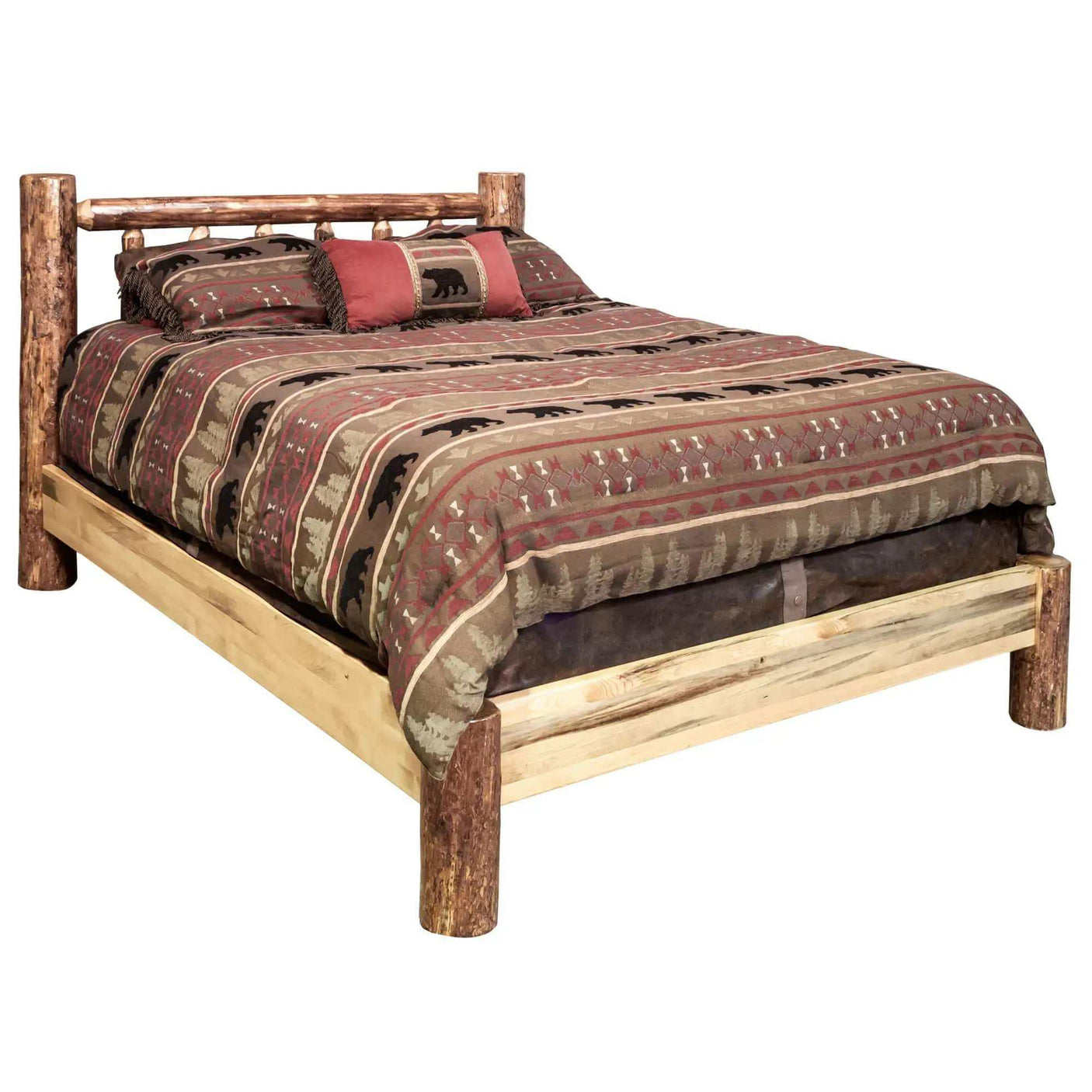 Rustic log platform bed with bear and forest pattern bedding, Glacier Country collection