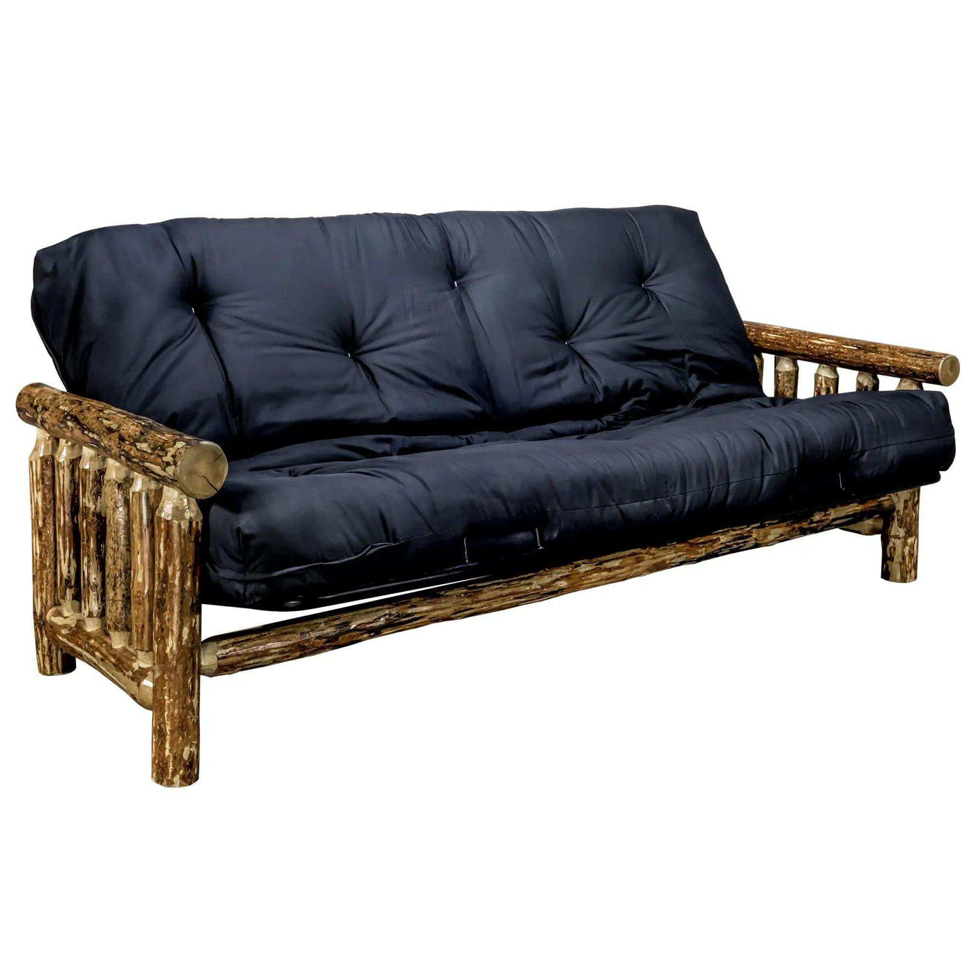 Rustic log futon frame with black mattress, Glacier Country Collection