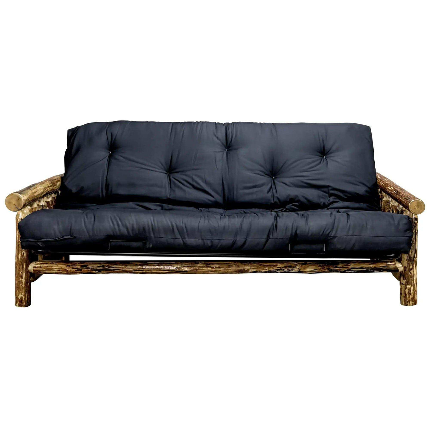 Rustic wood futon frame with black mattress, Glacier Country Collection