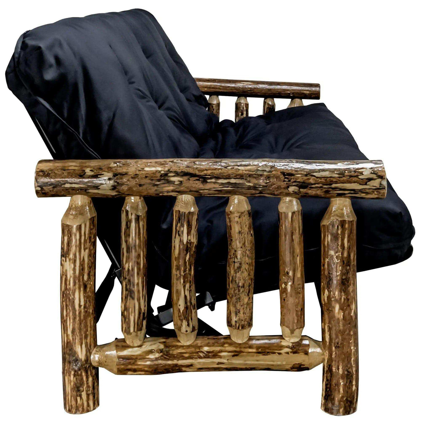 Rustic log futon frame with black mattress, Glacier Country Collection style