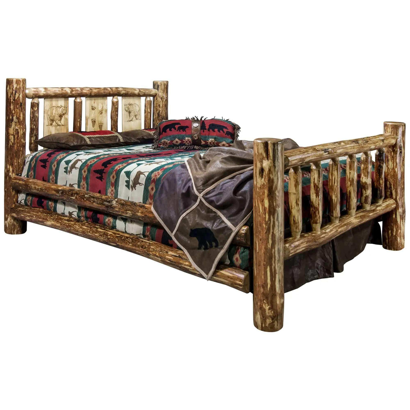 Rustic king log bed with laser engraved wildlife designs and bear-themed bedding