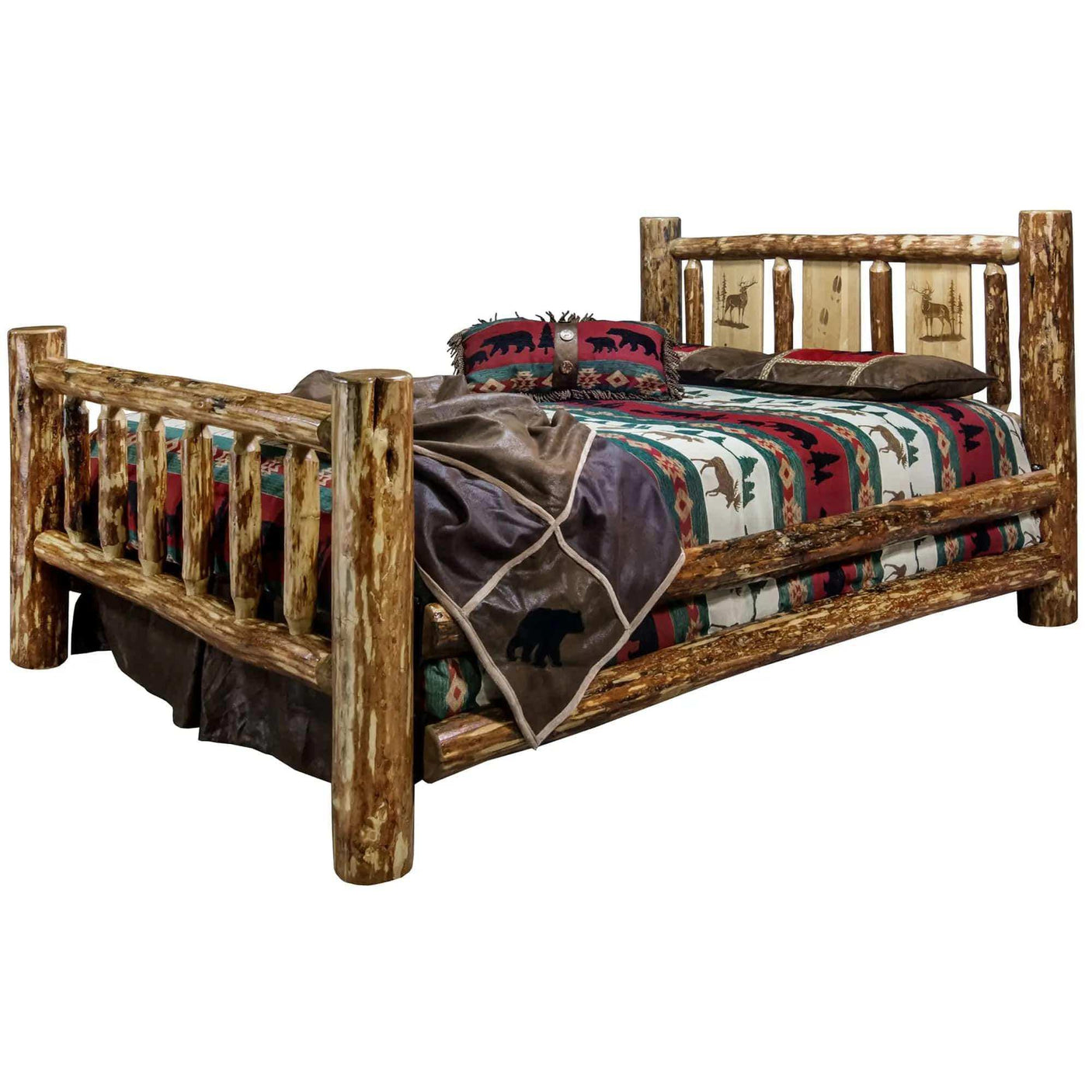 Rustic log king bed with wildlife-themed bedding and engraved headboard panels