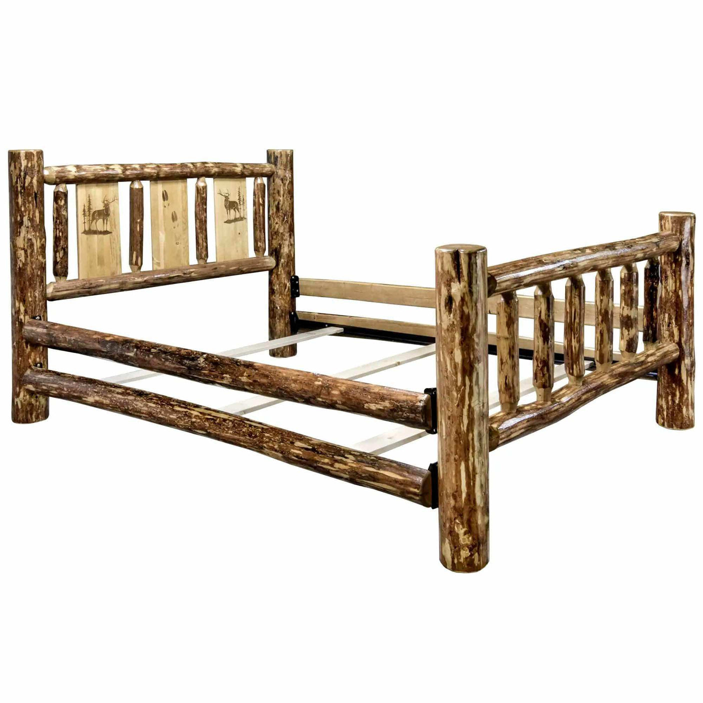 Rustic log king bed frame with laser-engraved moose design on wooden headboard