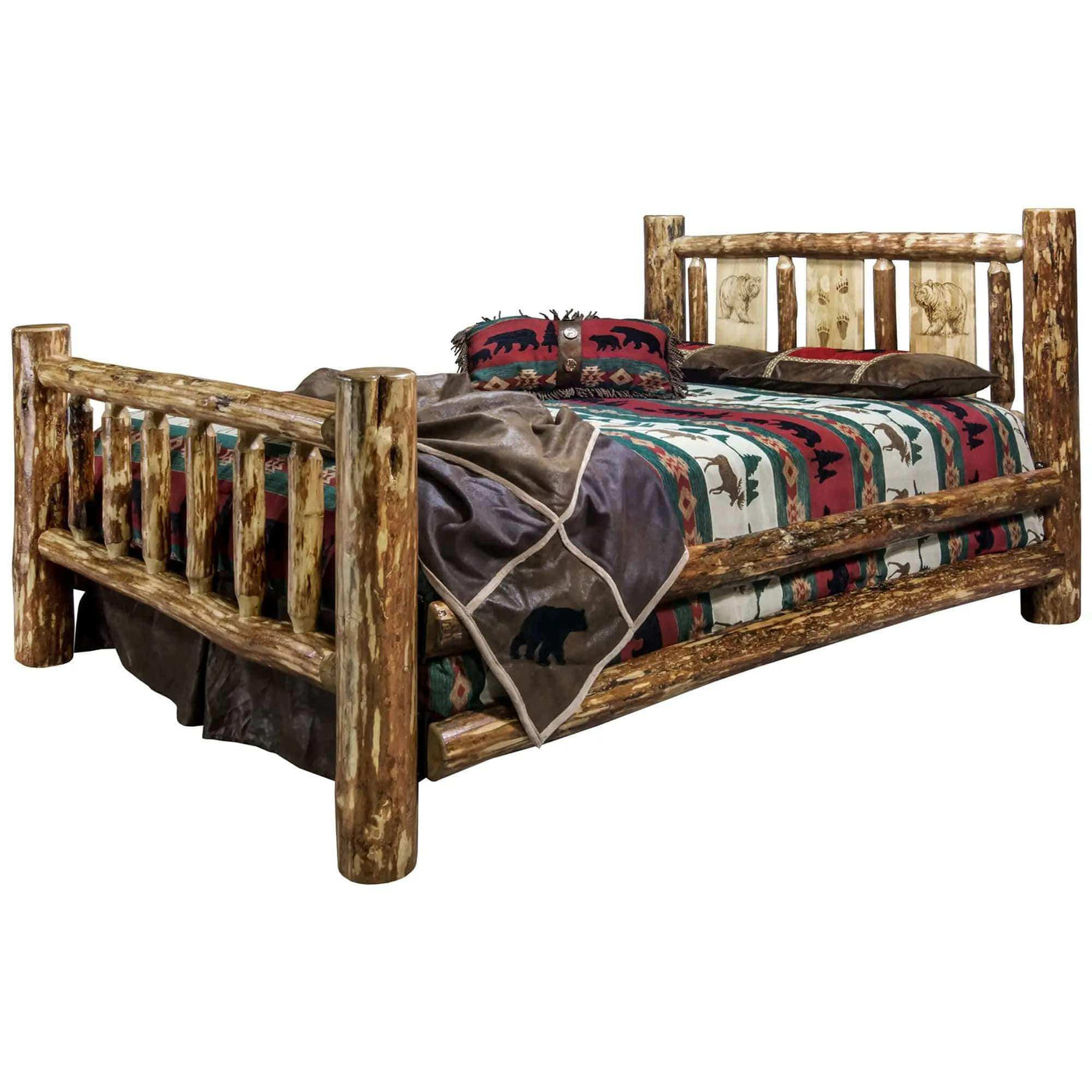 Rustic king bed with log frame, laser engraved wildlife headboard, and bear print bedding.