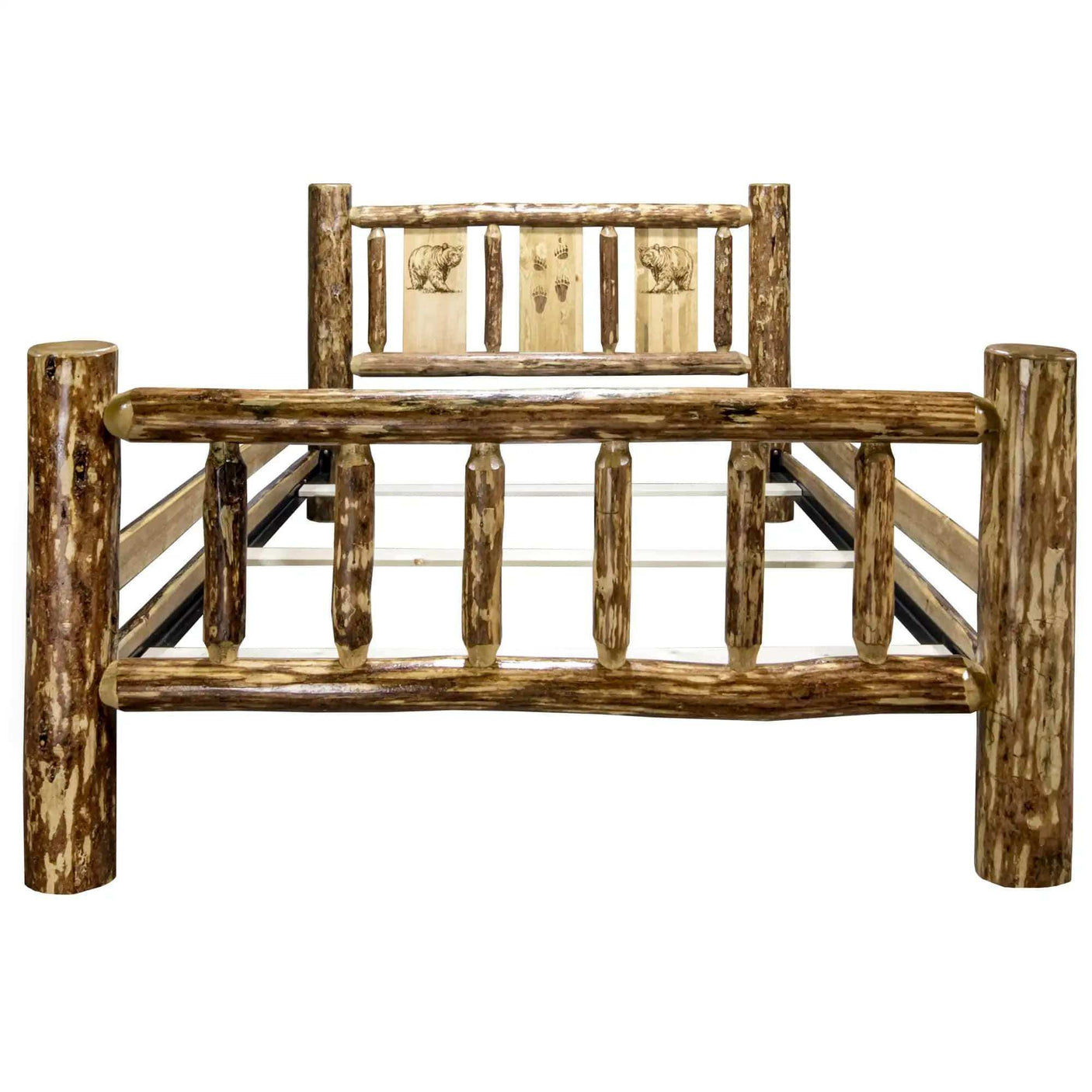 Rustic king bed frame with laser-engraved wildlife design, log wood construction