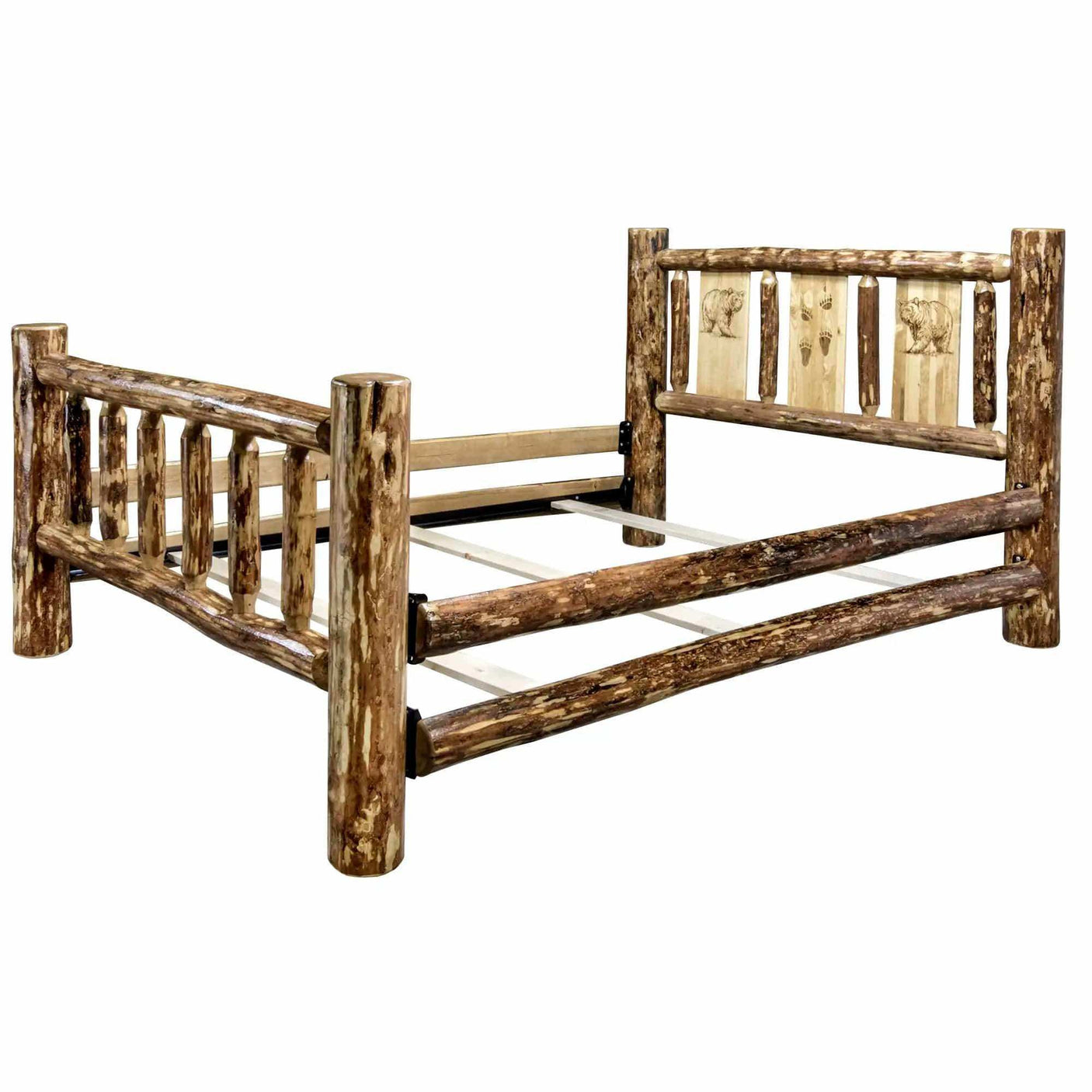 Rustic log king bed frame with laser engraved wildlife details on headboard, wooden design