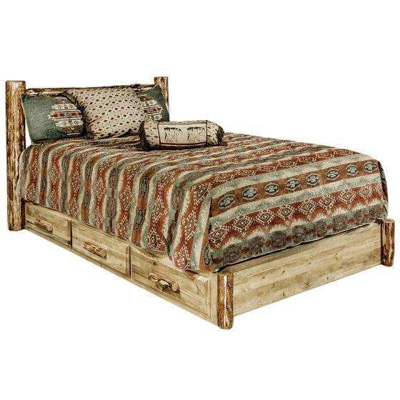 Rustic king platform bed with storage drawers and patterned bedding, wood frame design