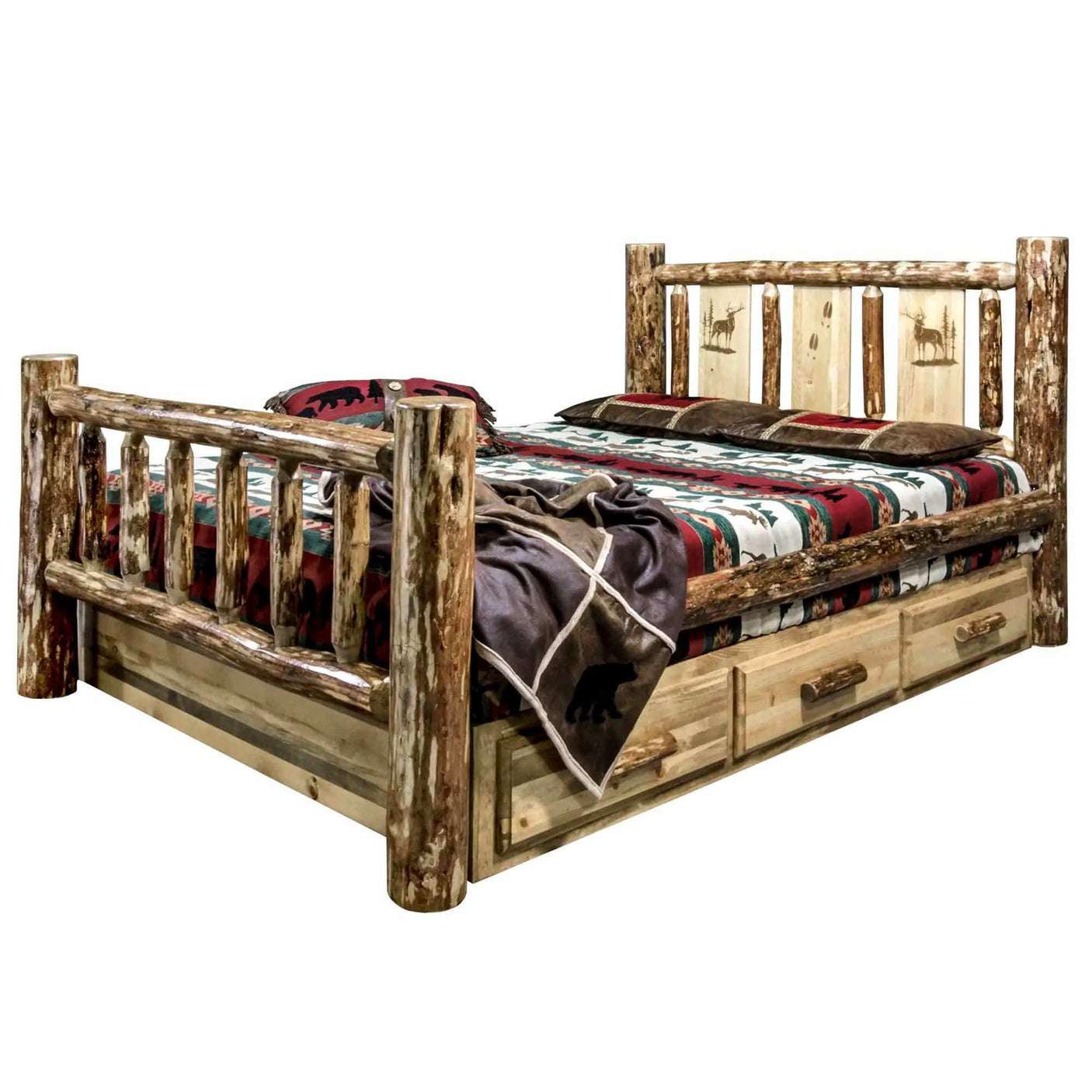 Rustic king storage bed with laser engraved headboard and log frame, cabin bedding