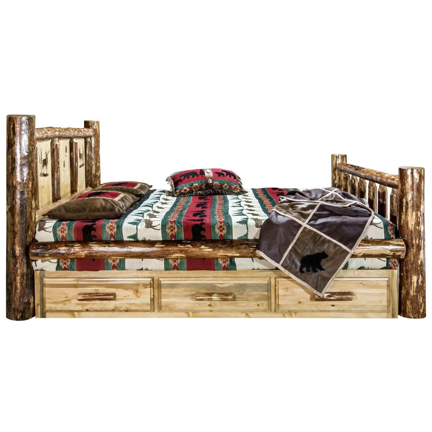 Rustic king storage bed with laser-engraved wood, bear-pattern bedding, and drawers