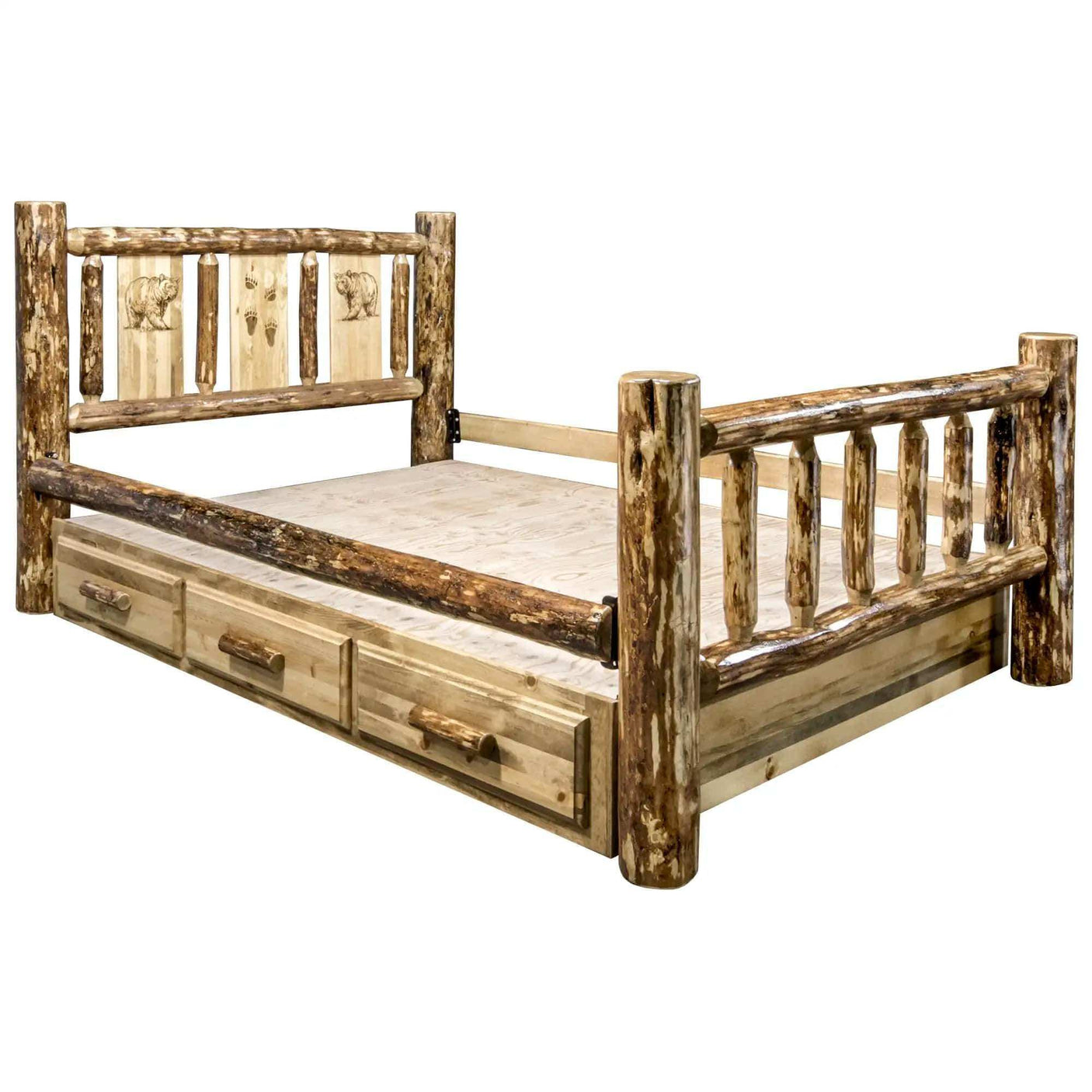 Rustic king storage bed with laser-engraved bear design and natural wood finish
