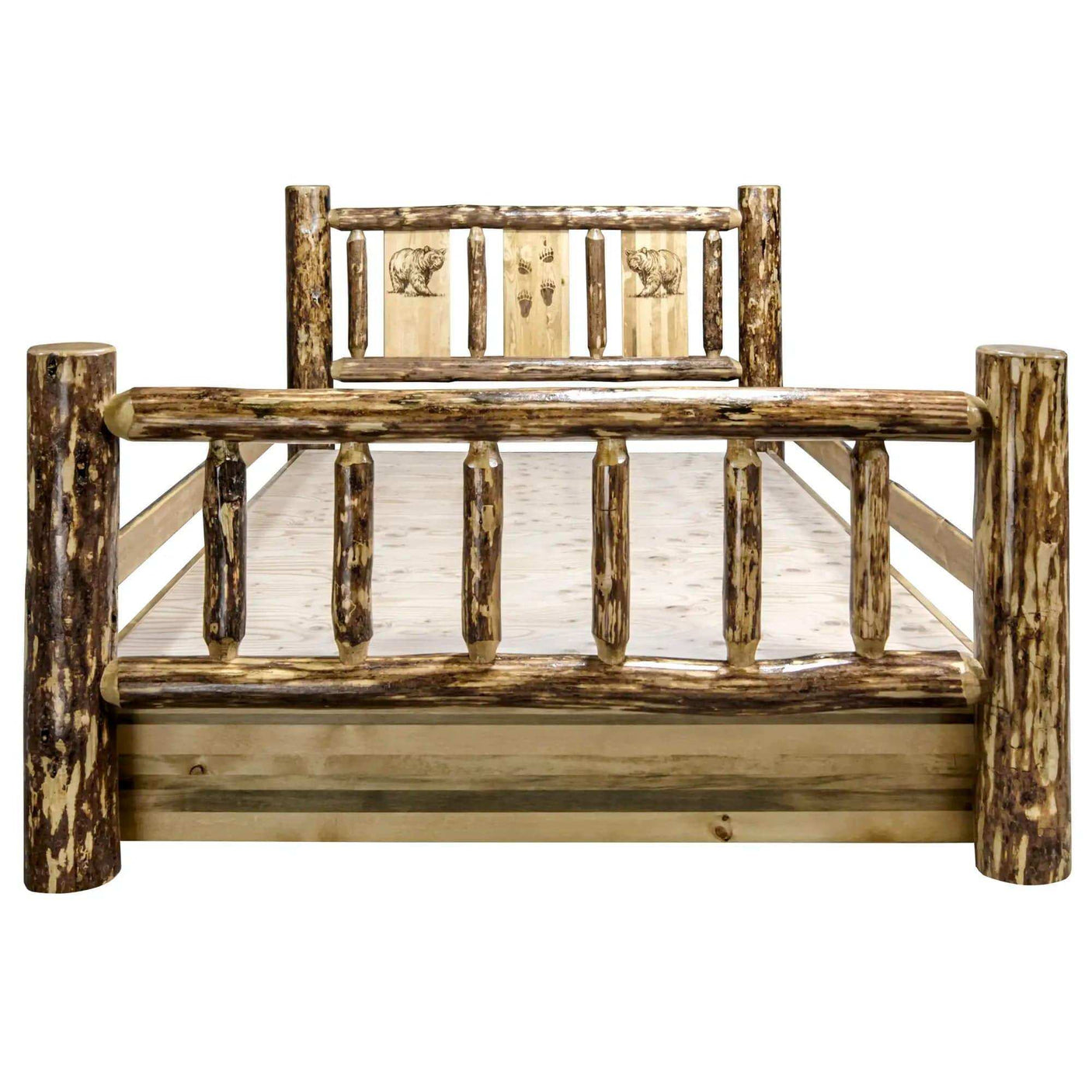 Rustic king storage bed with log frame and laser-engraved bear details, white background