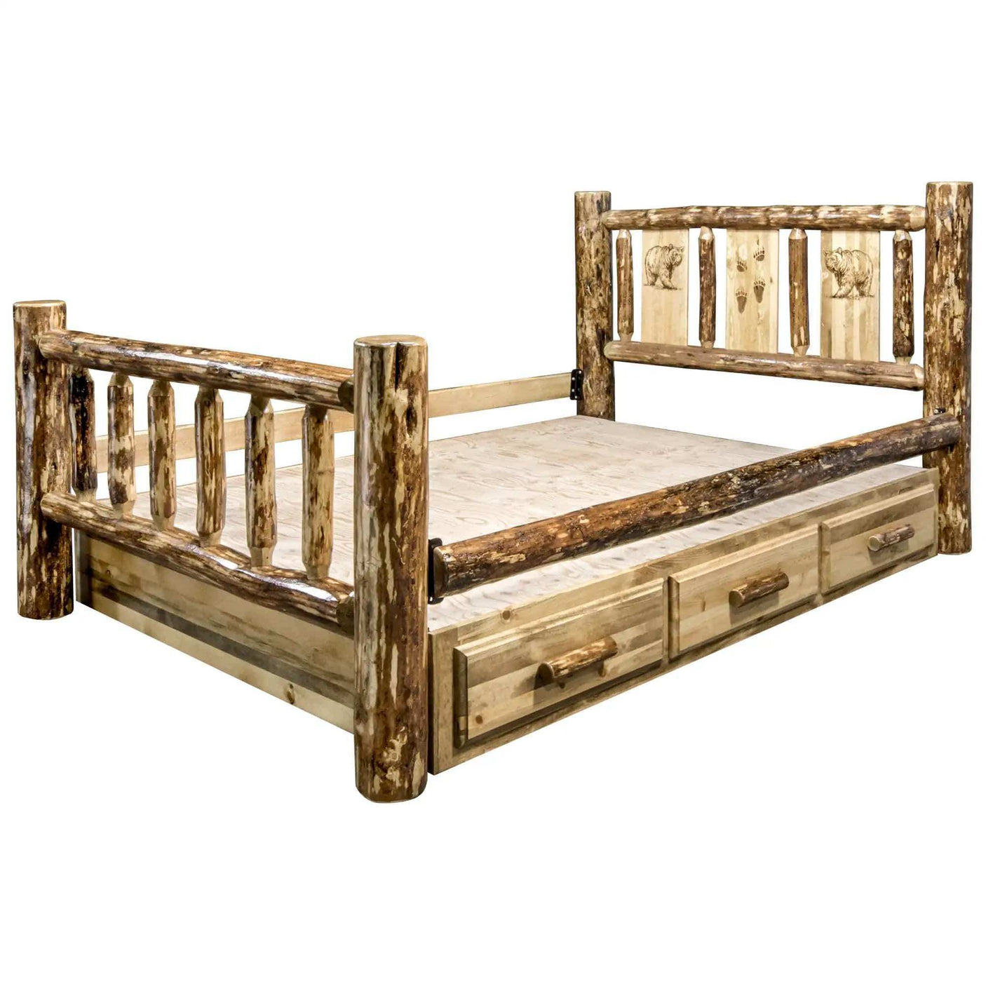 Rustic king storage bed with natural log frame and laser engraved bear designs