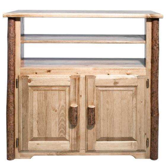 Rustic wood media center with open shelves and two cabinet doors, Glacier Country collection
