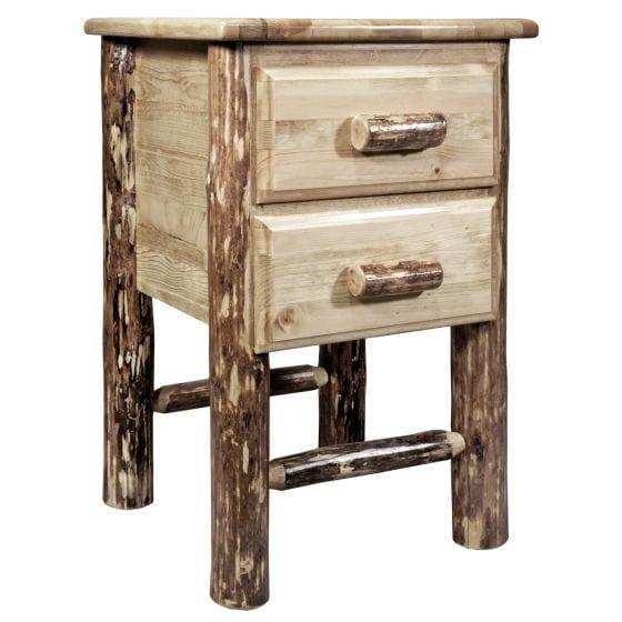 Rustic log nightstand with 2 drawers, natural wood finish, Glacier Country Collection.
