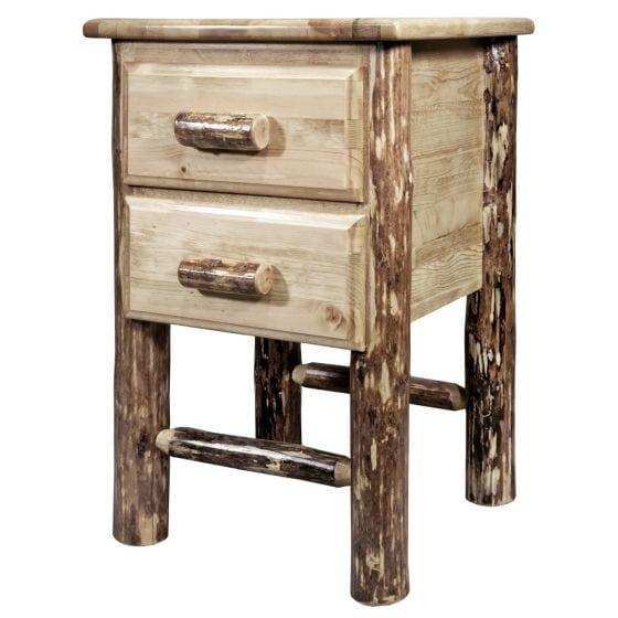 Rustic wood nightstand with two drawers and log-style handles and legs