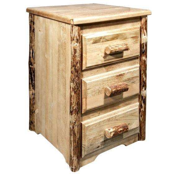 Rustic wood nightstand with three drawers and natural log handles, Glacier Country Collection