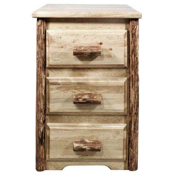Rustic wood nightstand with three drawers and log handles, Glacier Country Collection