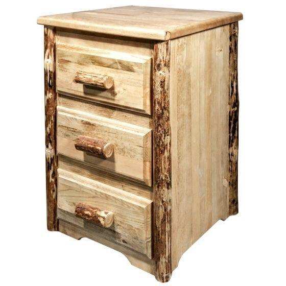 Rustic three-drawer wooden nightstand with log handles and natural finish