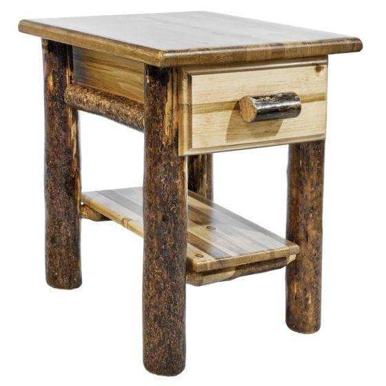 Rustic wooden nightstand with drawer and shelf, log legs, Glacier Country Collection.