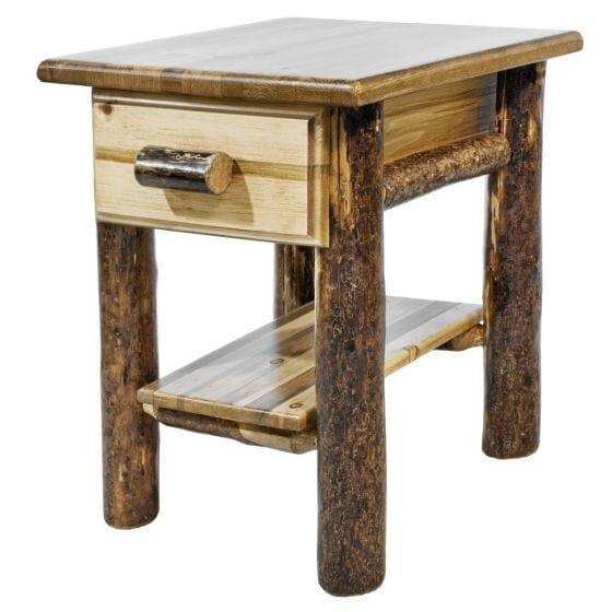 Rustic nightstand with drawer and shelf, log wood design, Glacier Country Collection
