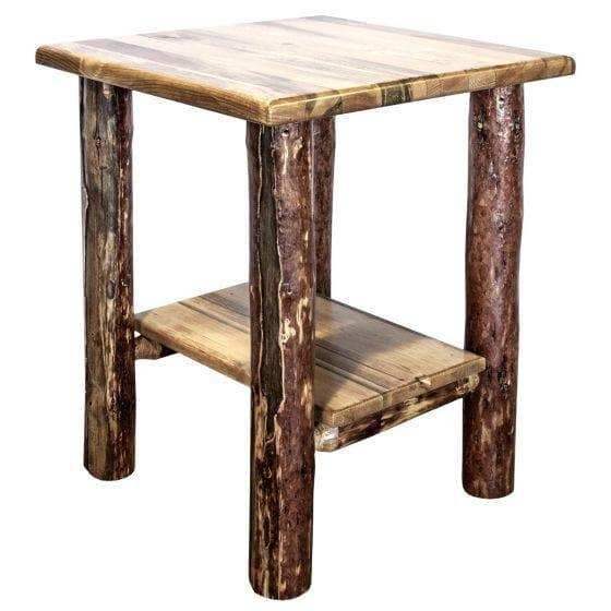 Rustic wooden nightstand with lower shelf, log legs, Glacier Country bedroom furniture