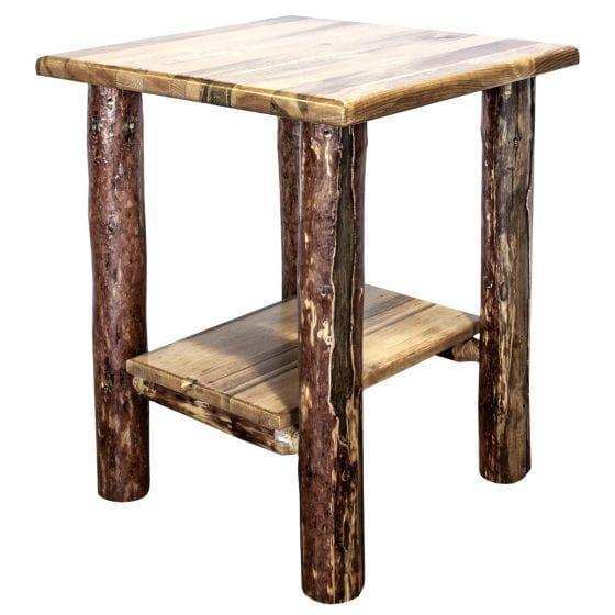 Rustic wooden nightstand with shelf, log legs, and natural wood finish