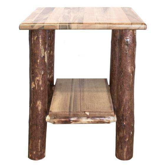 Rustic wood nightstand with shelf, log legs, Glacier Country Collection