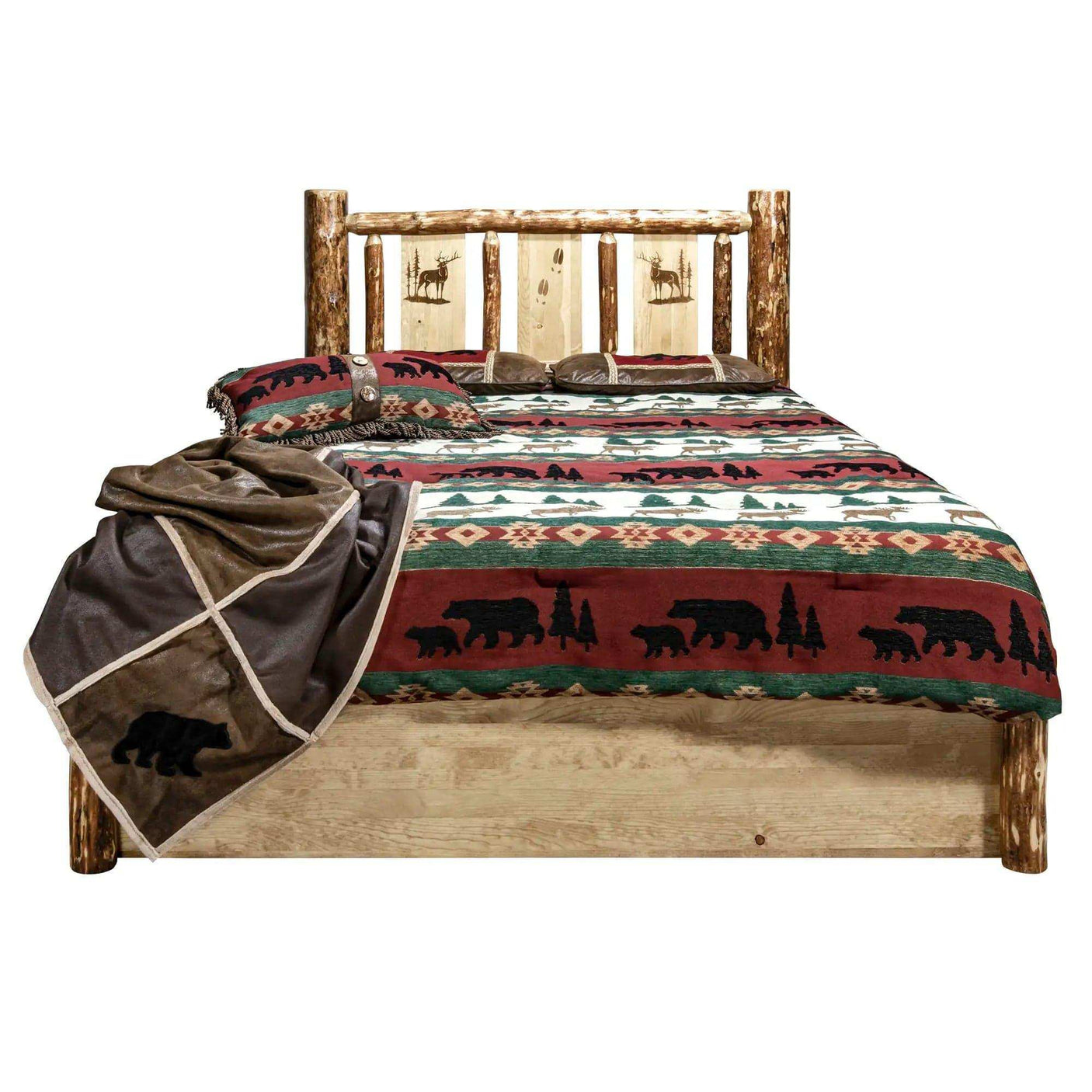Rustic king platform bed with laser engraved wood headboard and bear-themed bedding