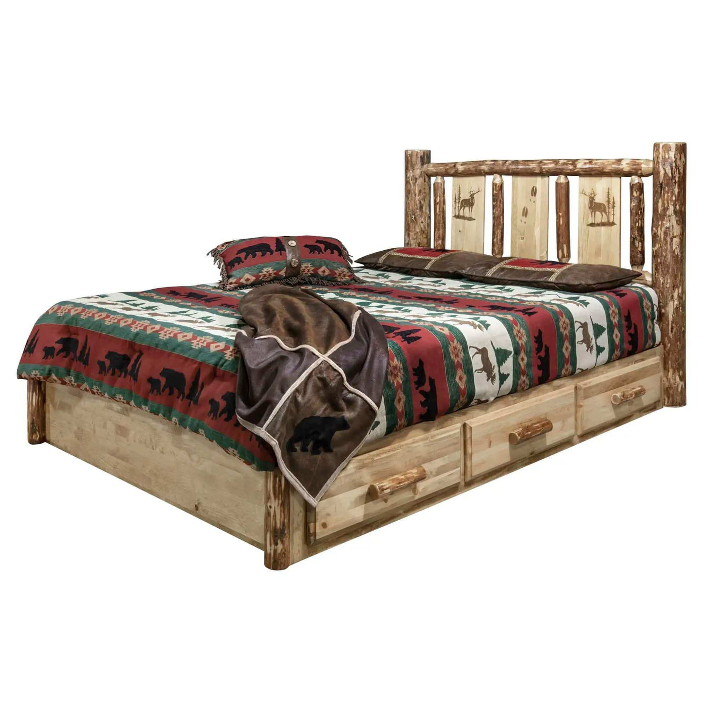 Rustic king platform bed with storage drawers, log frame, and wildlife themed bedding