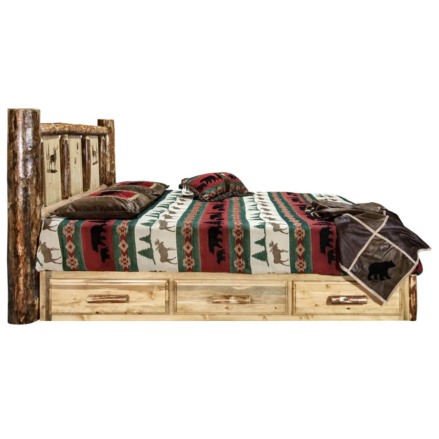 Rustic king platform bed with storage drawers, log headboard, wildlife-pattern bedding