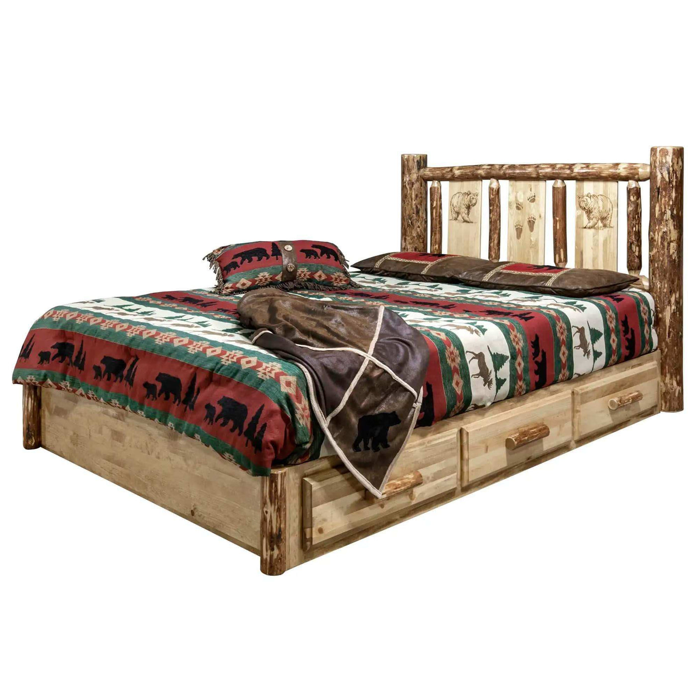 Rustic king platform bed with storage drawers, engraved wooden headboard and bear bedding