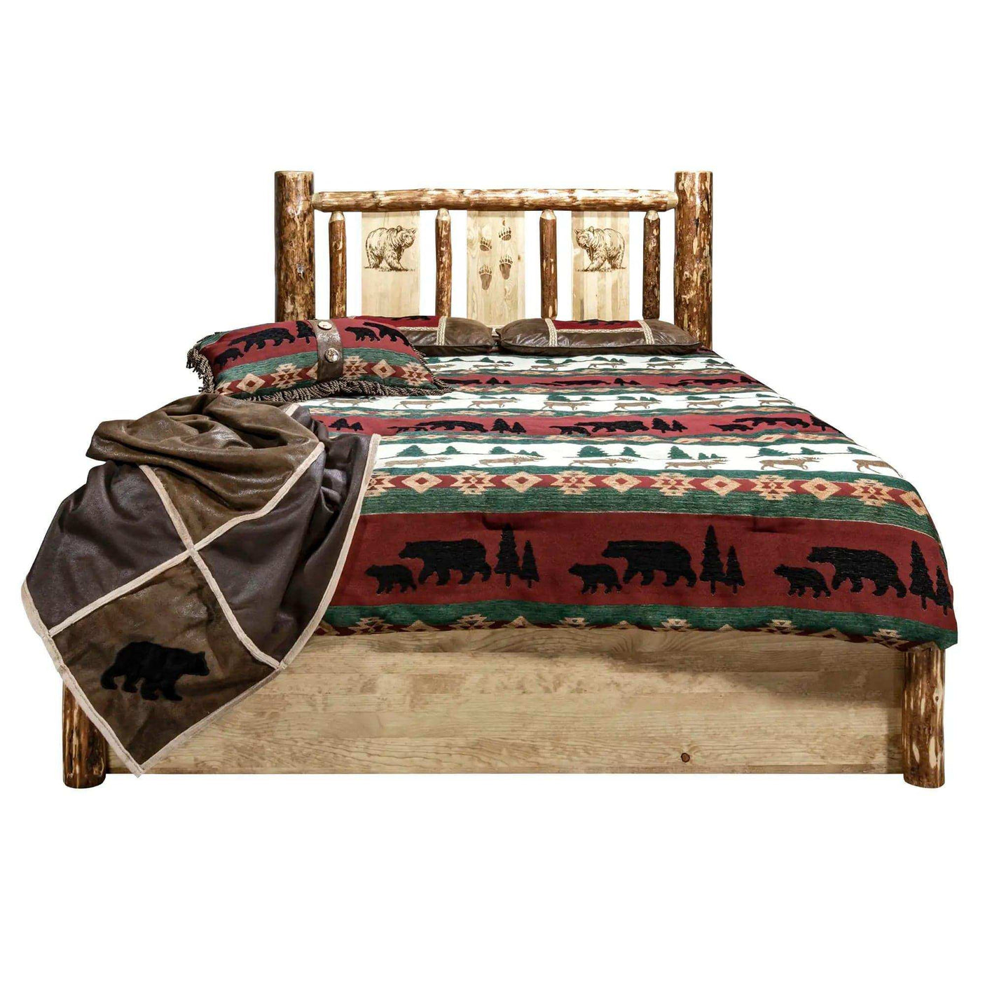 Rustic king platform bed with storage, laser-engraved bear headboard, bear print bedding