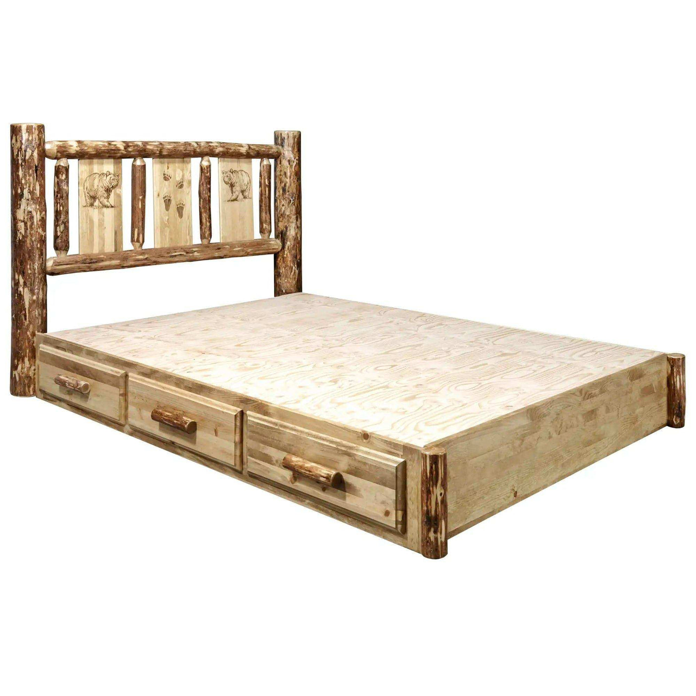 Rustic king platform bed with storage drawers and laser-engraved wildlife headboard