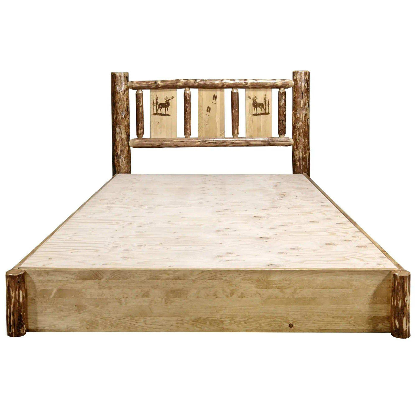 Rustic queen platform bed with storage, log frame, and laser-engraved wildlife headboard.