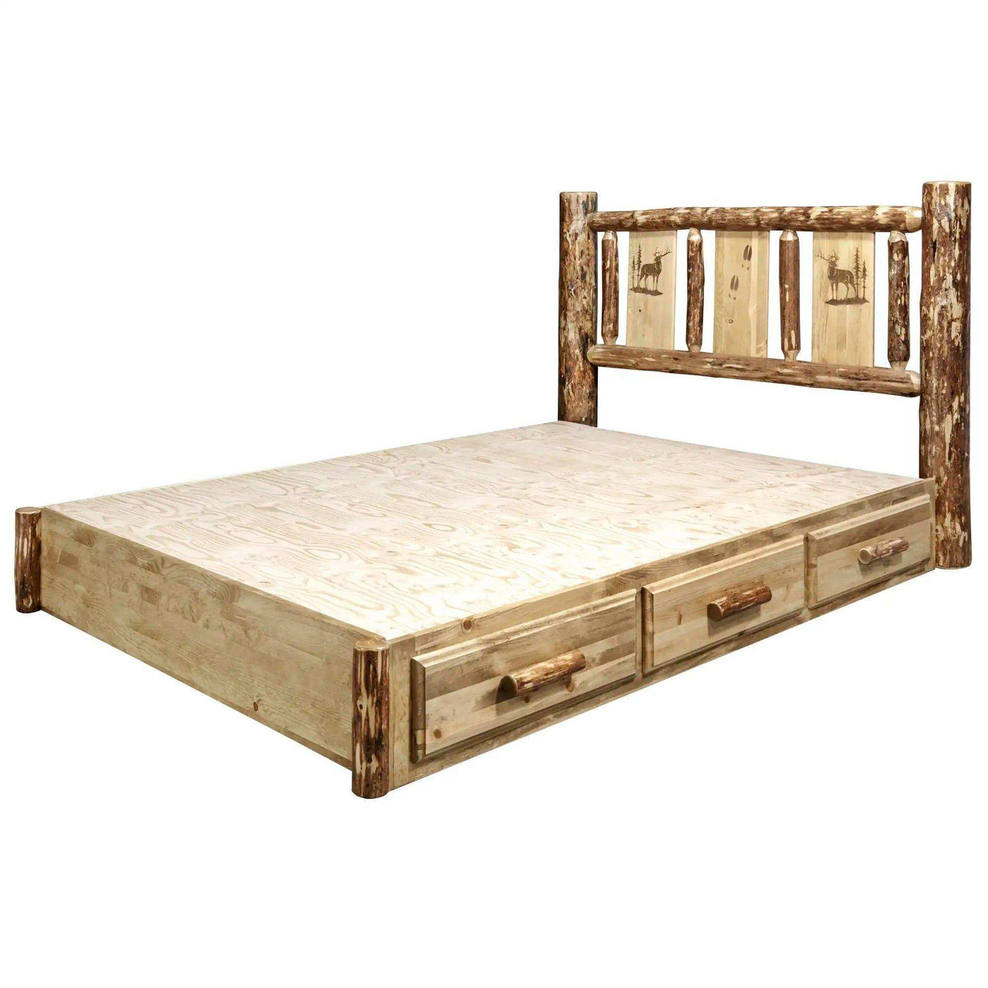 Rustic queen platform bed with storage drawers and laser engraved wildlife headboard