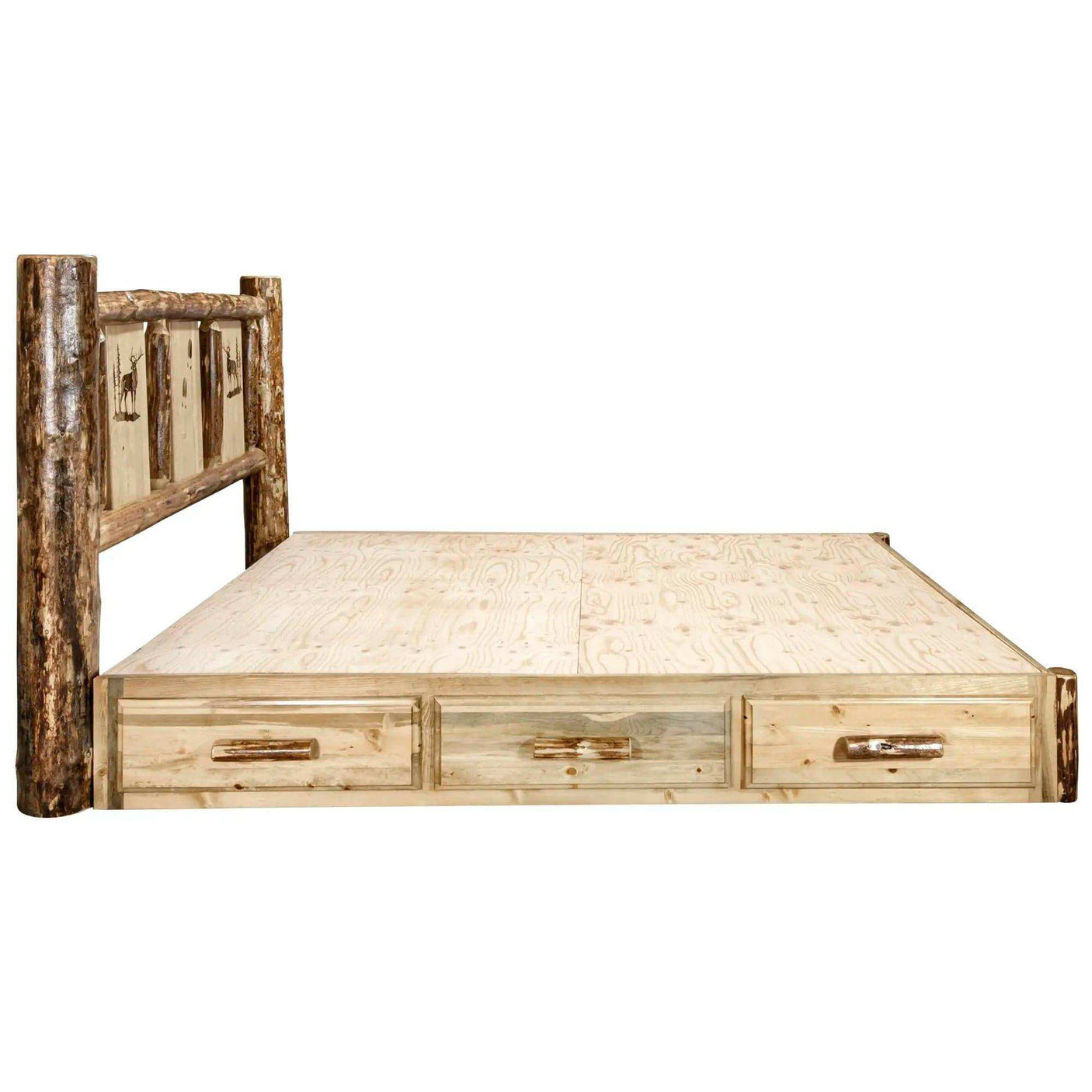 Rustic wooden queen platform bed with storage drawers and engraved log headboard
