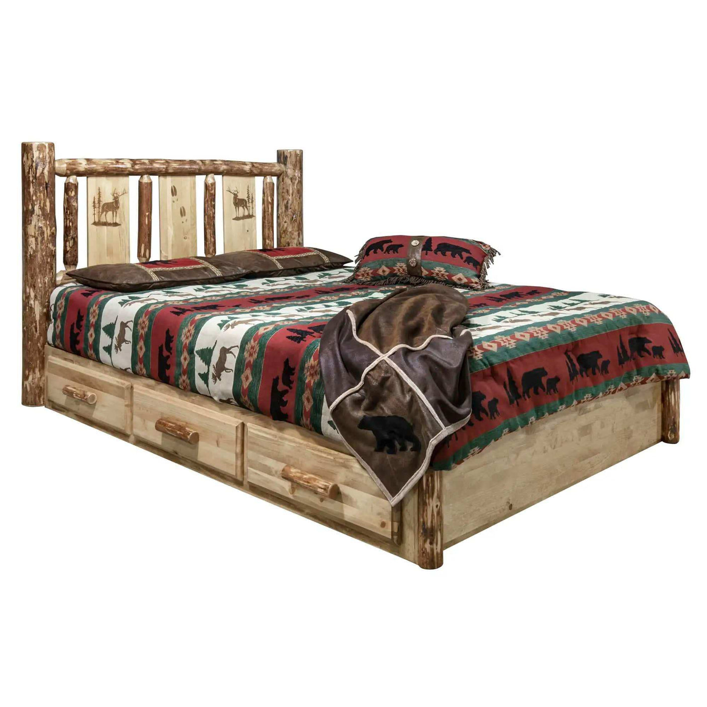 Rustic queen platform bed with storage drawers and laser-engraved wildlife headboard