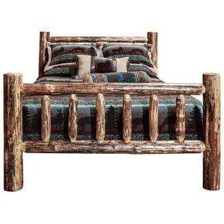 Rustic log queen bed with patterned bedding, Glacier Country Collection, Bedroom Depot USA