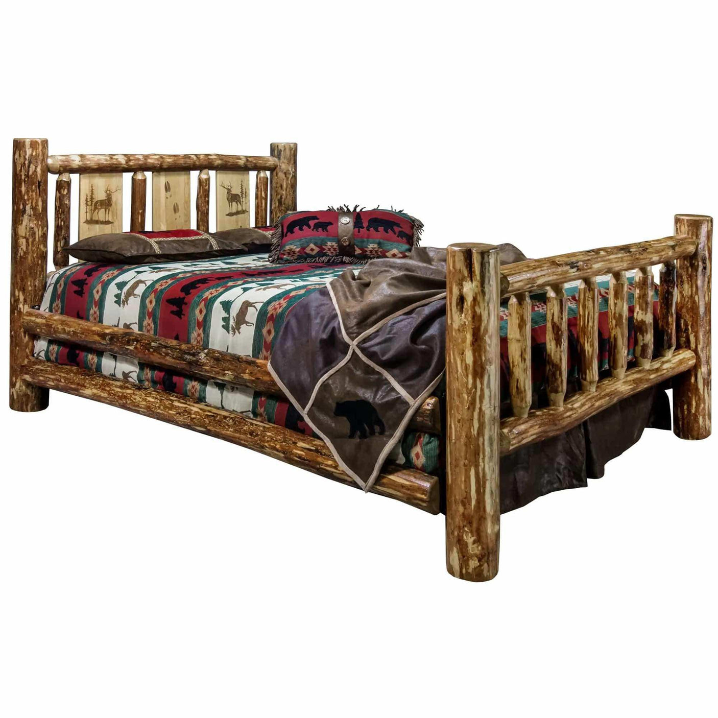 Rustic log queen bed with laser-engraved wildlife headboard and nature-themed bedding