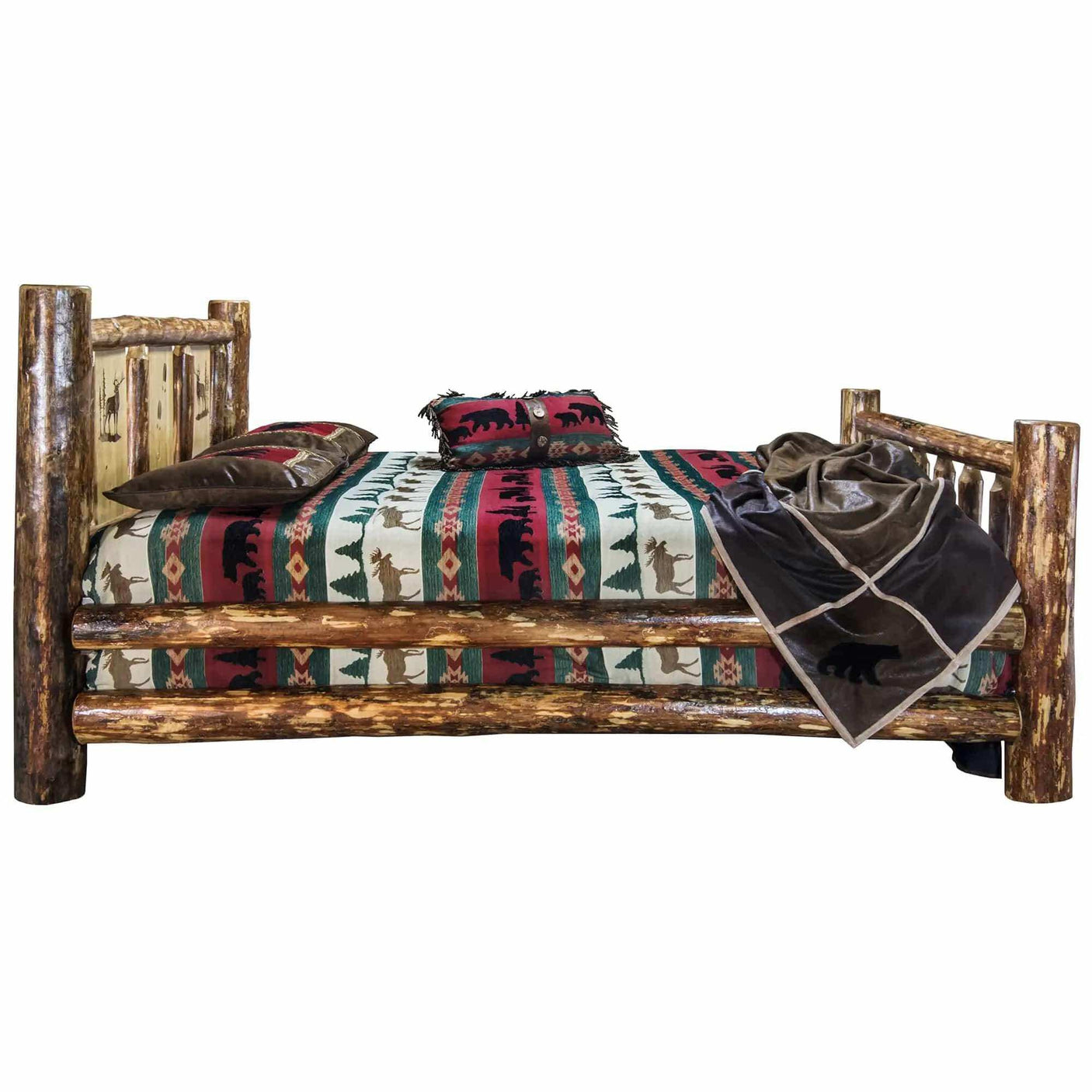 Rustic log queen bed with laser-engraved headboard and wildlife-themed bedding